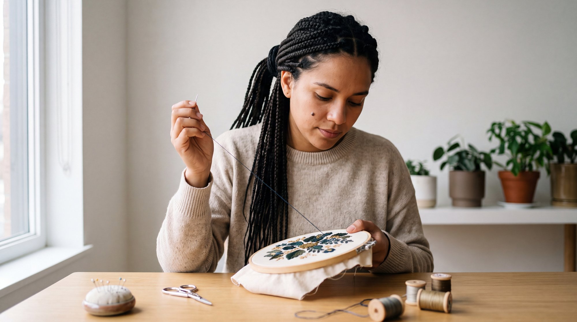 Student at embroidery hoop in studio